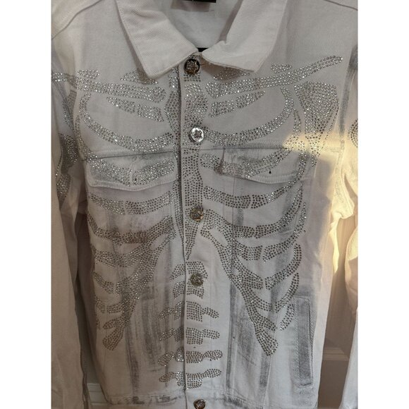 Guapi White Crystal Skeleton Jean Jacket with Silver Detailing Ltd Ed Mens Sz. M - Picture 5 of 14